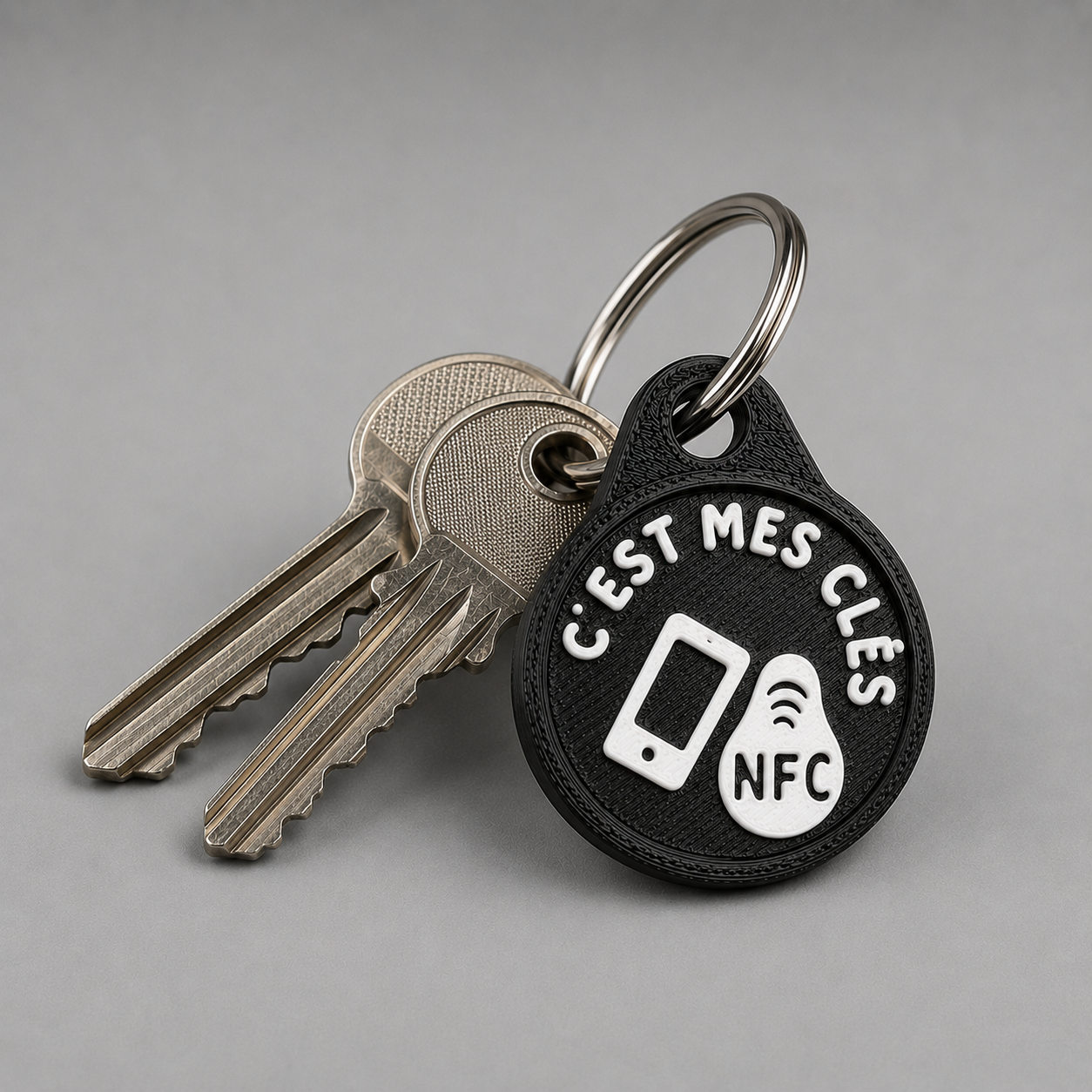 Round black plastic NFC keychain with white text C'EST MES CLÉS and two metal keys on a silver ring.