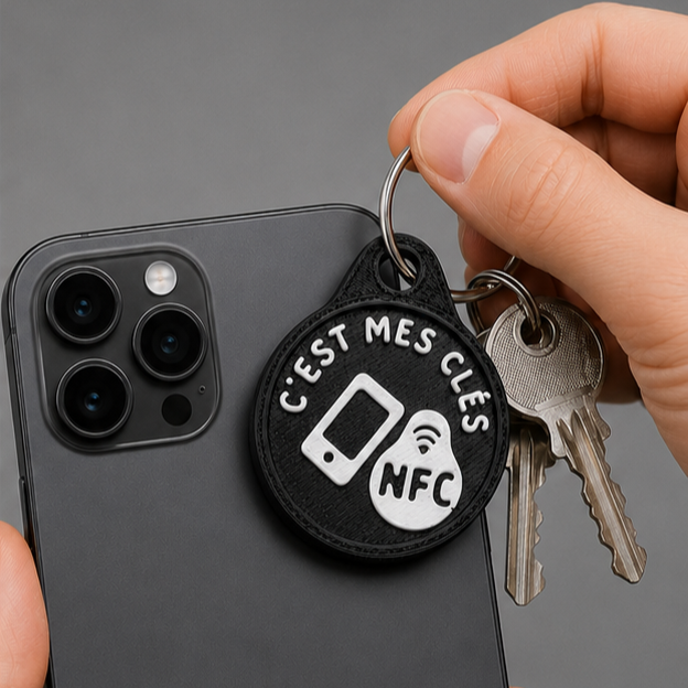 Round black plastic NFC keychain with white text c’est mes clés held against a dark smartphone next to metal keys.