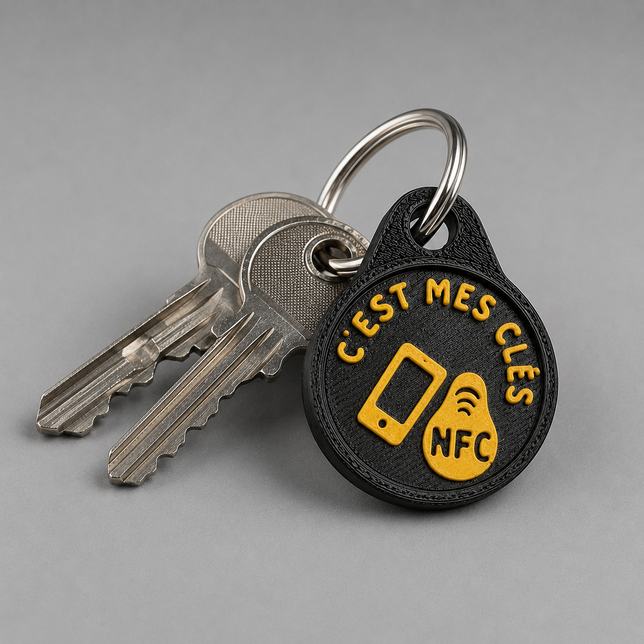 Round black plastic NFC tag with yellow text c'est mes clés and two metal keys on a silver ring over a gray background.