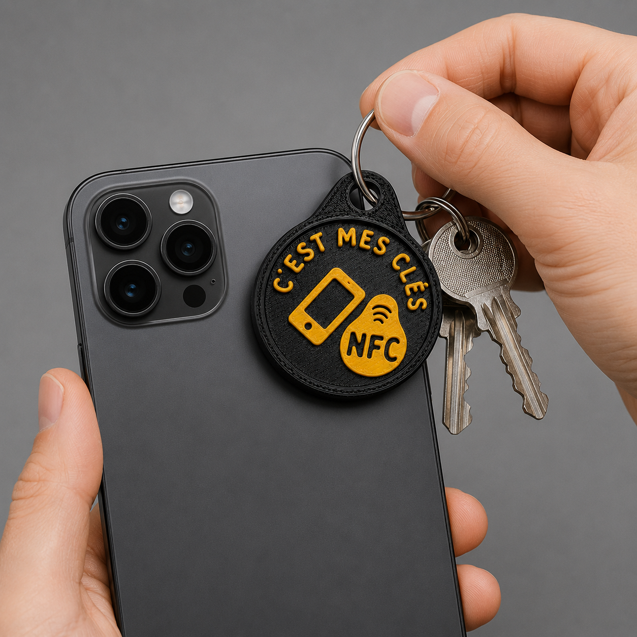 Round black and yellow NFC keychain with C'EST MES CLÉS text, held against the back of a dark grey smartphone.