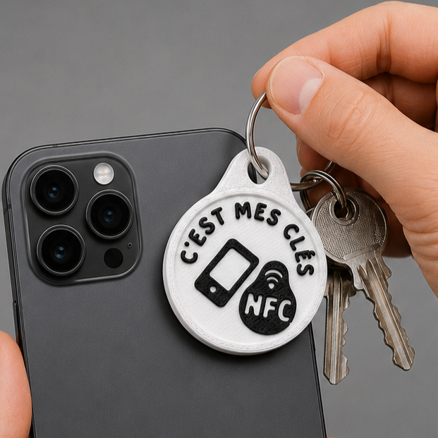 Round white plastic NFC keychain with black text C'EST MES CLÉS held against a black iPhone.